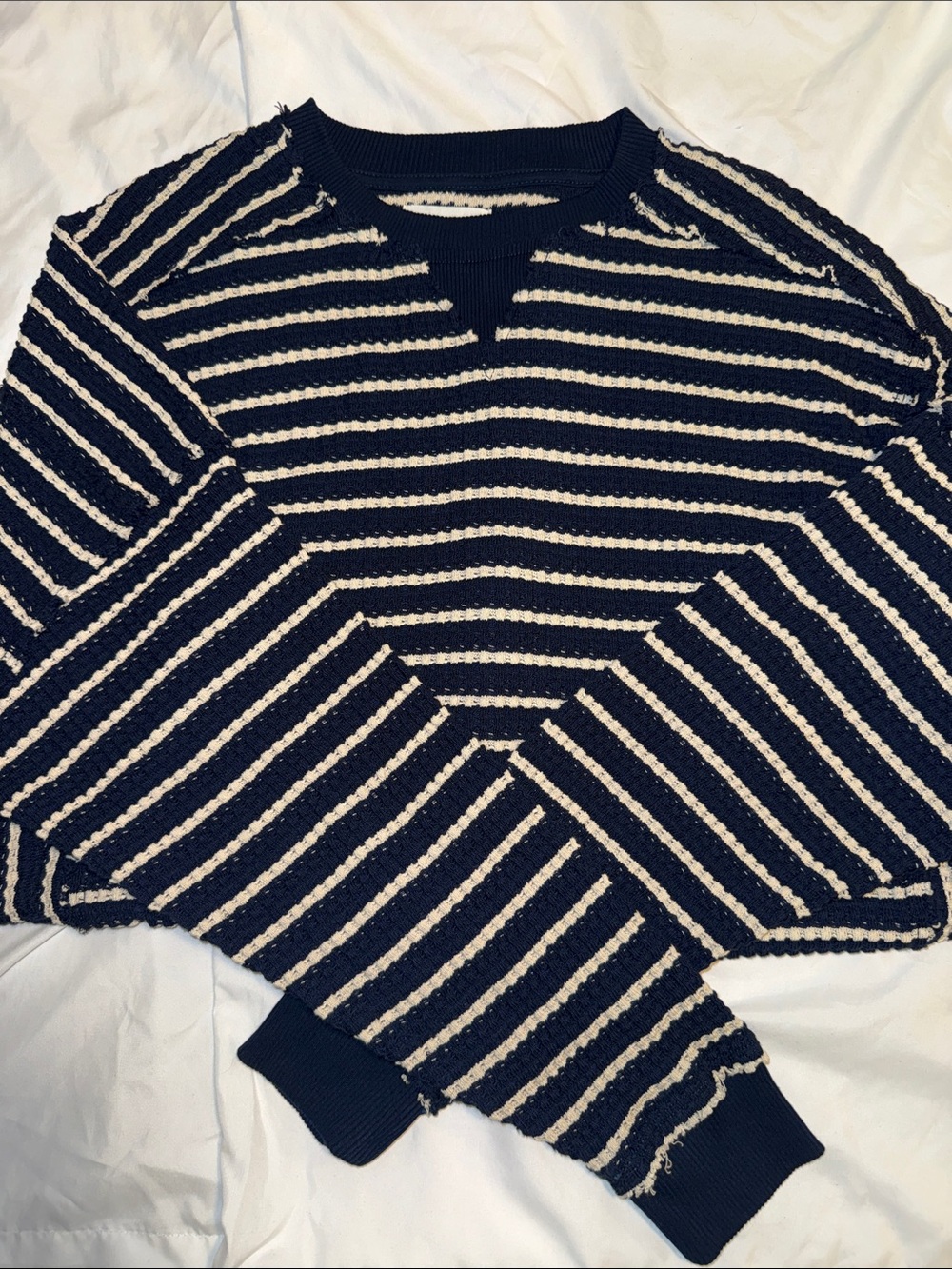 American Eagle Outfitters Navy and Cream Striped Crewneck Sweater